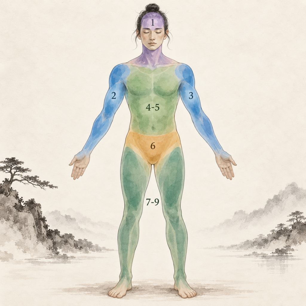 Body map illustrating the ten sections of Xing Shen Zhuang